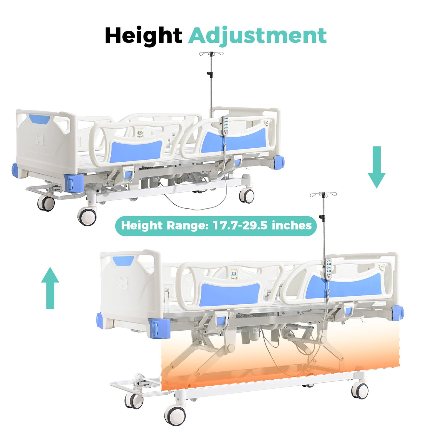 Premium 5 Function Full Electric ICU Hospital Bed with 4.7" Mattress for Home Use-17.7" - 29.5" Height Range-CPR One-Click Recovery-5" Casters, 530LBS Loading, Adjustable Medical Bed Frame