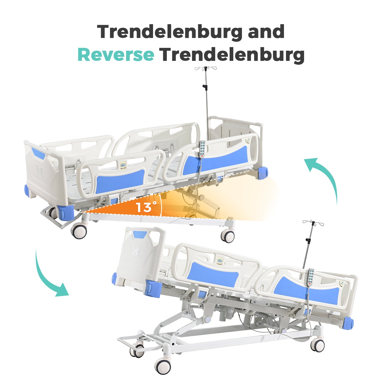 Premium 5 Function Full Electric ICU Hospital Bed with 4.7" Mattress for Home Use-17.7" - 29.5" Height Range-CPR One-Click Recovery-5" Casters, 530LBS Loading, Adjustable Medical Bed Frame