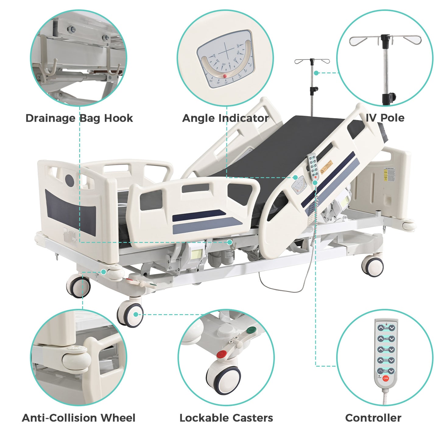 Premium 5 Function Full Electric ICU Hospital Bed with 4.7" Mattress for Home Use-17.7" - 29.5" Height Range-CPR One-Click Recovery-5" Casters, 530LBS Loading, Adjustable Medical Bed Frame-Navy