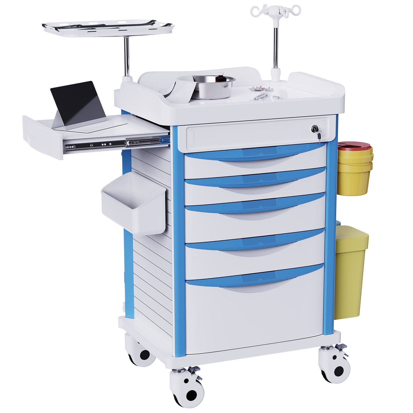 OLERN Rolling Medical Storage Crash Cart with Drawers - Adjustable IV Pole, Silent Casters, Needle Disposal Holder, Trash Bin, O2 Holder - Nursing Trolley Cart for Clinic, Hospital and Home Use