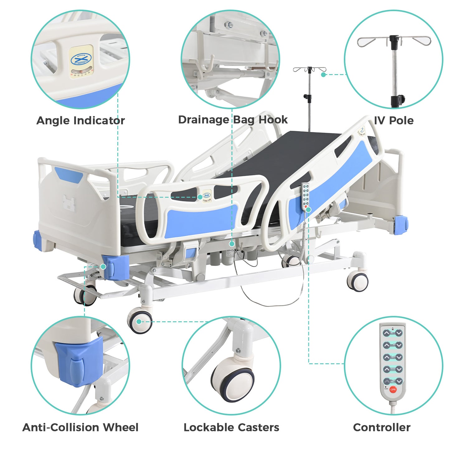 Premium 5 Function Full Electric ICU Hospital Bed with 4.7" Mattress for Home Use-17.7" - 29.5" Height Range-CPR One-Click Recovery-5" Casters, 530LBS Loading, Adjustable Medical Bed Frame