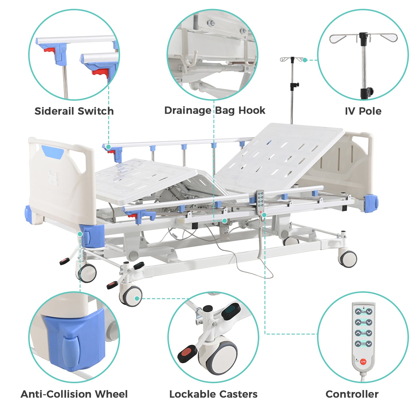 Premium 3 Function Full Electric Hospital Bed with 4.7" Memory Mattress for Home Use-16.1"-29.1" Height Range, Central Control System-5" Casters, 530LBS Loading, Adjustable Medical Bed Frame