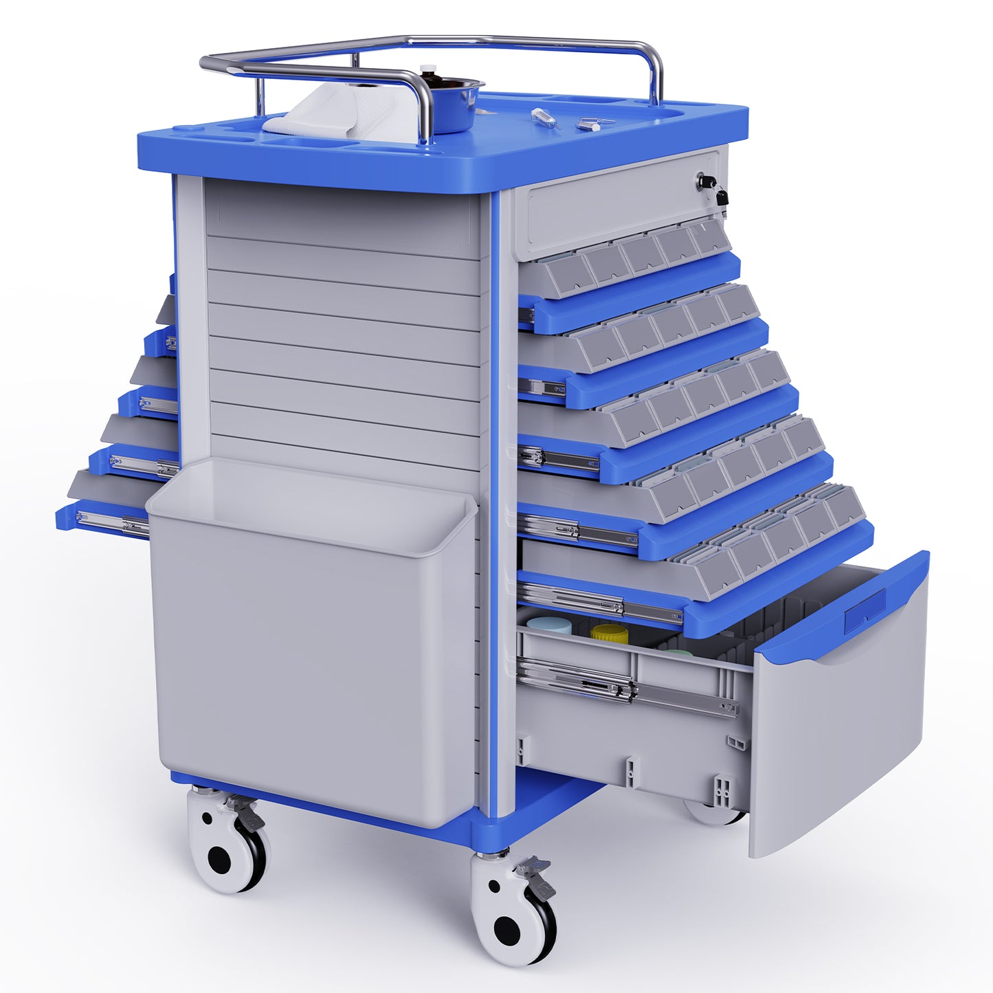 Medication Bins Cart with 200 Bins and Drawer - Dual-Sided Open, 50 Medicine Boxes, Silent Casters, Movable Container, 2 Trash Bin-Medical Crash Cart for Clinic, Hospital and Lab, Factory