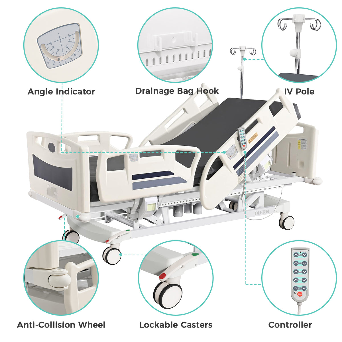 Premium 5 Function Full Electric ICU Hospital Bed with 4.7" Mattress for Home Use-17.7" - 29.5" Height Range-CPR One-Click Recovery-5" Casters, 550LBS Loading, Adjustable Medical Bed Frame-Navy
