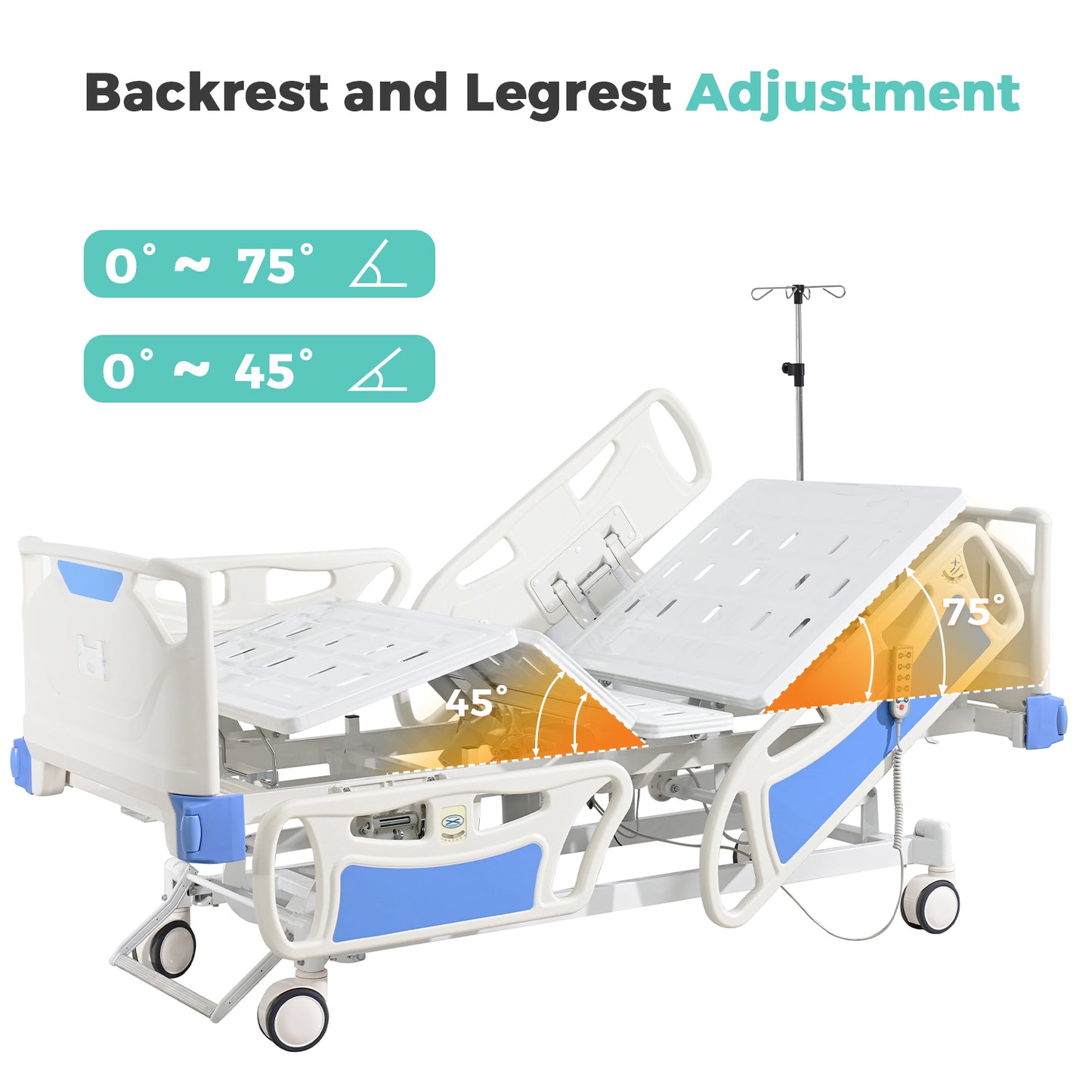 Premium 5 Function Full Electric ICU Hospital Bed with 4.7" Mattress for Home Use-17.7" - 29.5" Height Range-CPR One-Click Recovery-5" Casters, 530LBS Loading, Adjustable Medical Bed Frame