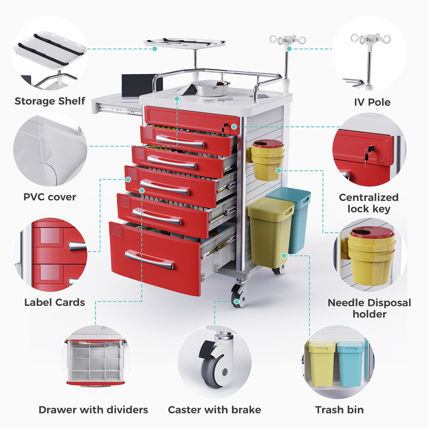 Medical Emergency Rolling Crash Cart with Drawers - Adjustable IV Pole, Silent Casters, Needle Disposal Holder, Trash Bin, O2 Holder, Nursing Trolley Cart for Clinic, Hospital, Salon