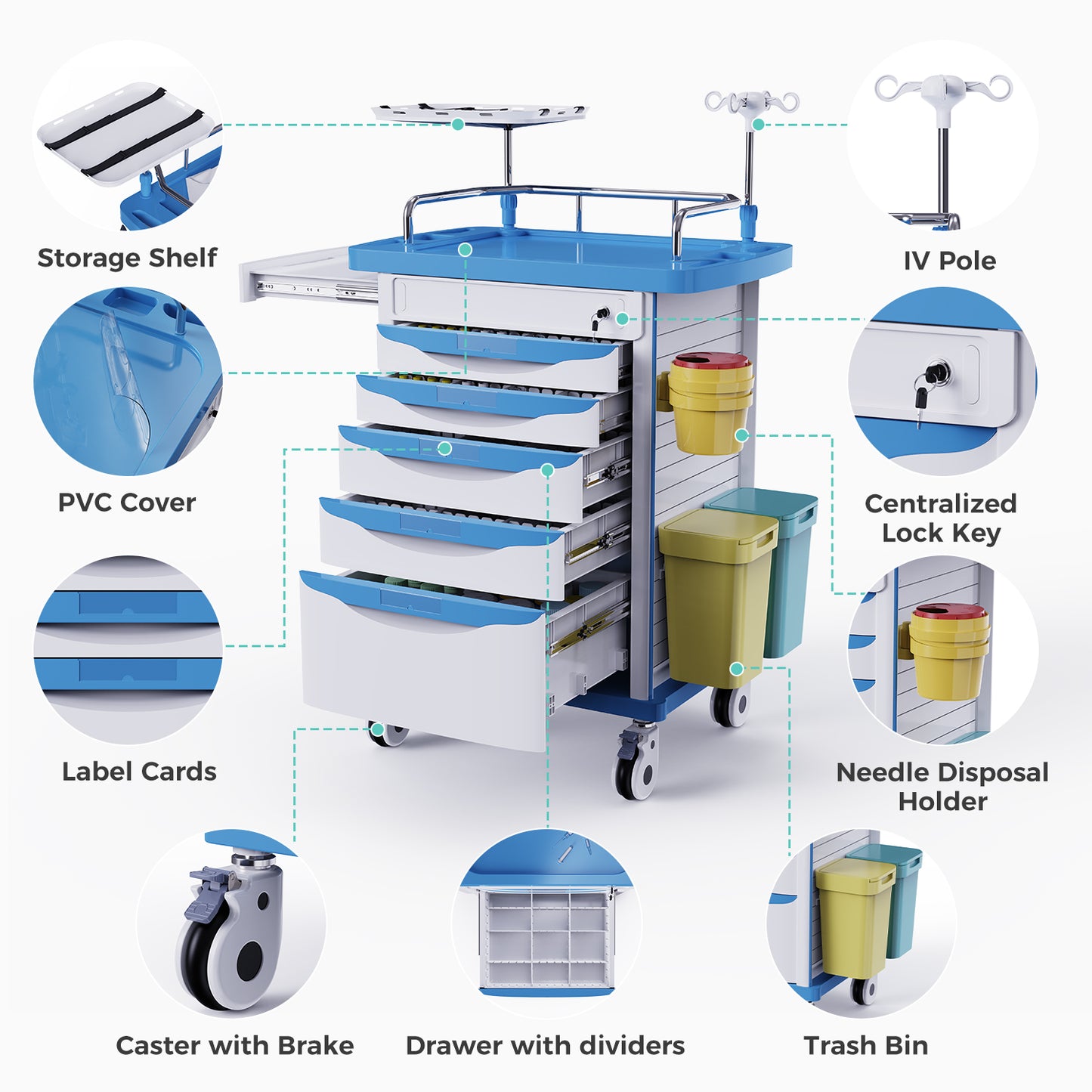 OLERN Medical Rolling Crash Cart with Drawers Emergency Cart