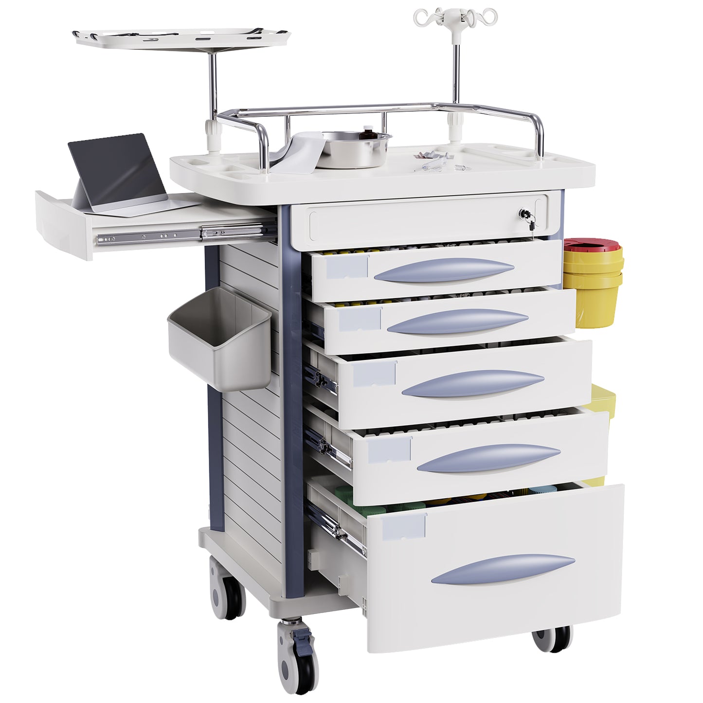 OLERN Medical Rolling Crash Cart with Accessories-CPR Board, IV Pole, O2 Holder, Trash Bin, Drawers with Dividers, Mobile Medical Cart for Clinic, Hospital, Nursing Center, Salon, 29.5”Wx18.7”Dx37.4”H