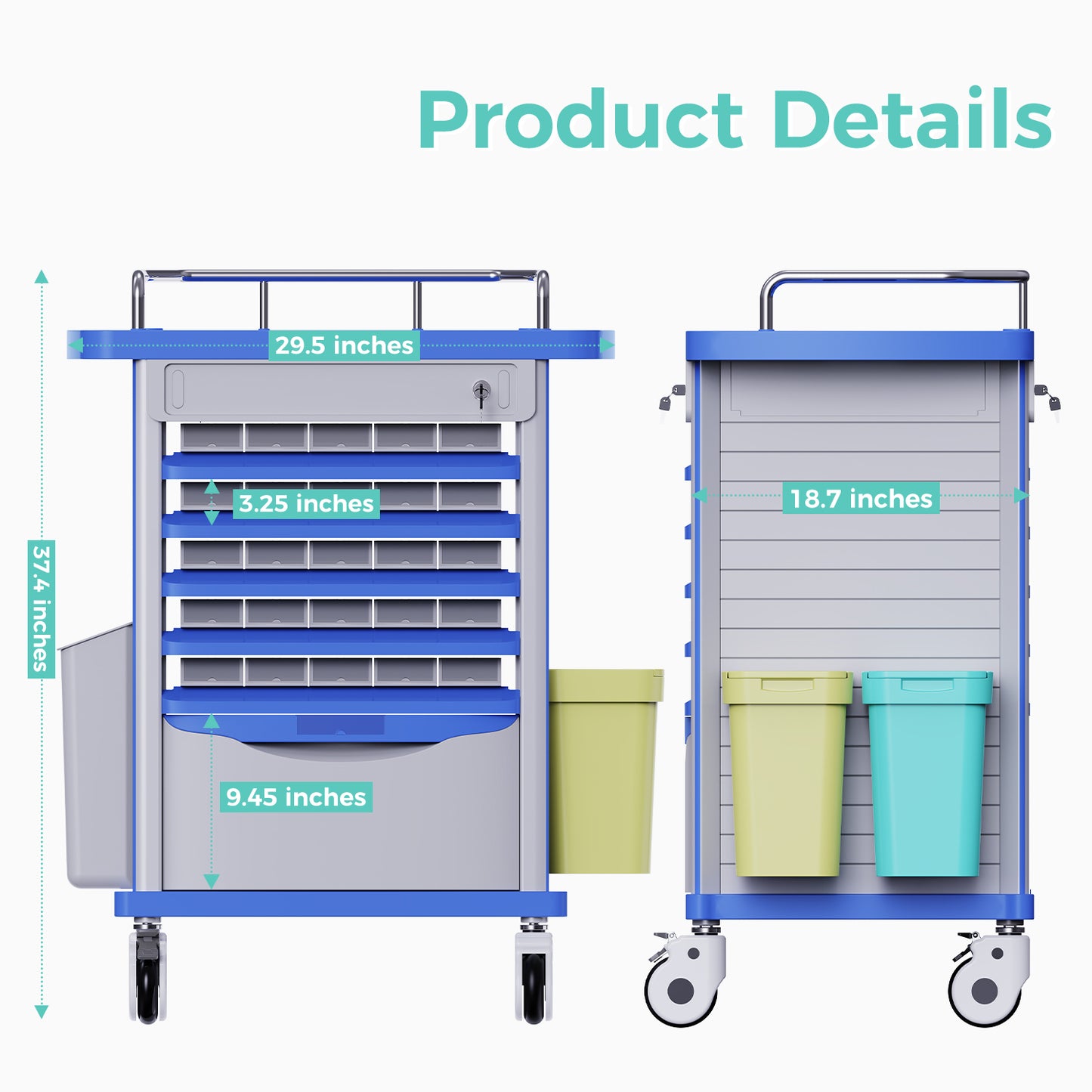 Medication Bins Cart with 200 Bins and Drawer - Dual-Sided Open, 50 Medicine Boxes, Silent Casters, Movable Container, 2 Trash Bin-Medical Crash Cart for Clinic, Hospital and Lab, Factory