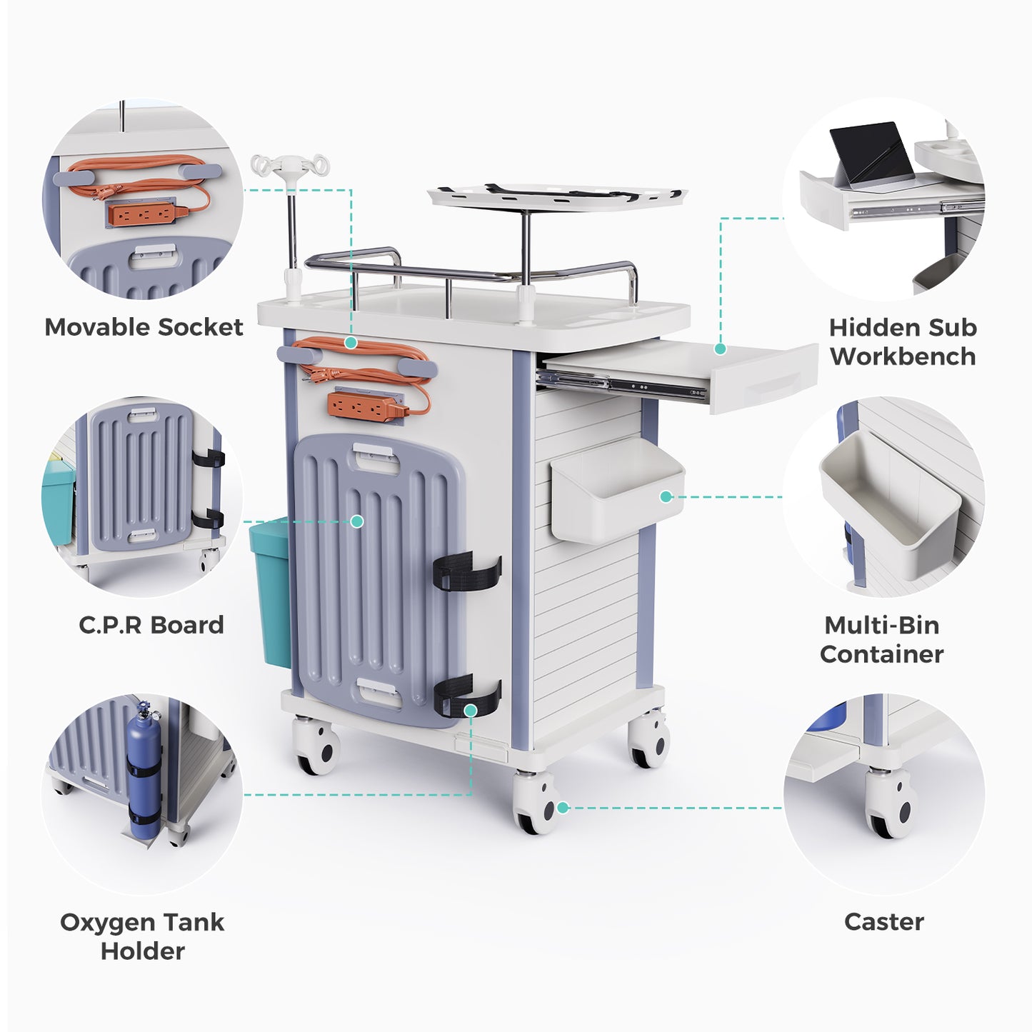 OLERN Medical Rolling Crash Cart with Accessories-CPR Board, IV Pole, O2 Holder, Trash Bin, Drawers with Dividers, Mobile Medical Cart for Clinic, Hospital, Nursing Center, Salon, 29.5”Wx18.7”Dx37.4”H
