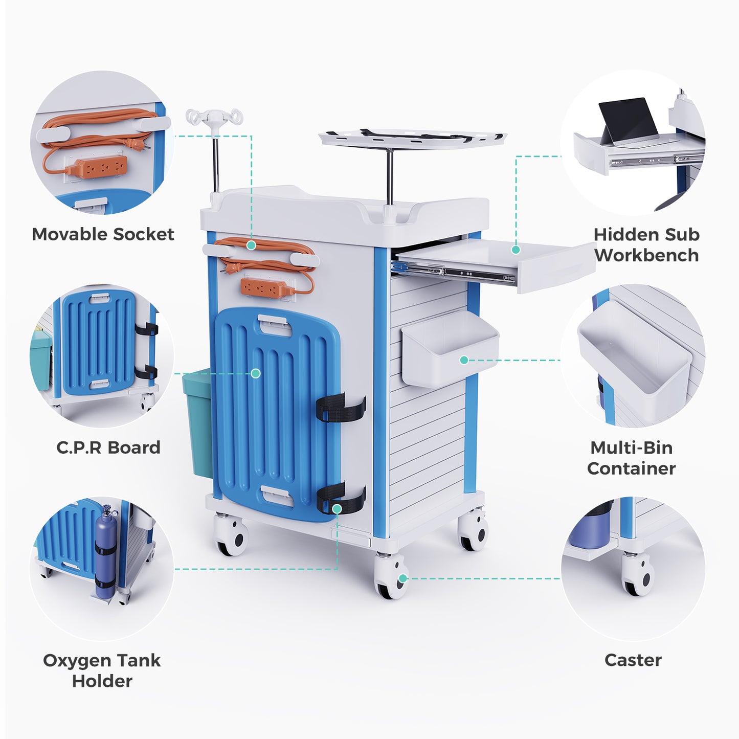 OLERN Rolling Medical Storage Crash Cart with Drawers - Adjustable IV Pole, Silent Casters, Needle Disposal Holder, Trash Bin, O2 Holder - Nursing Trolley Cart for Clinic, Hospital and Home Use
