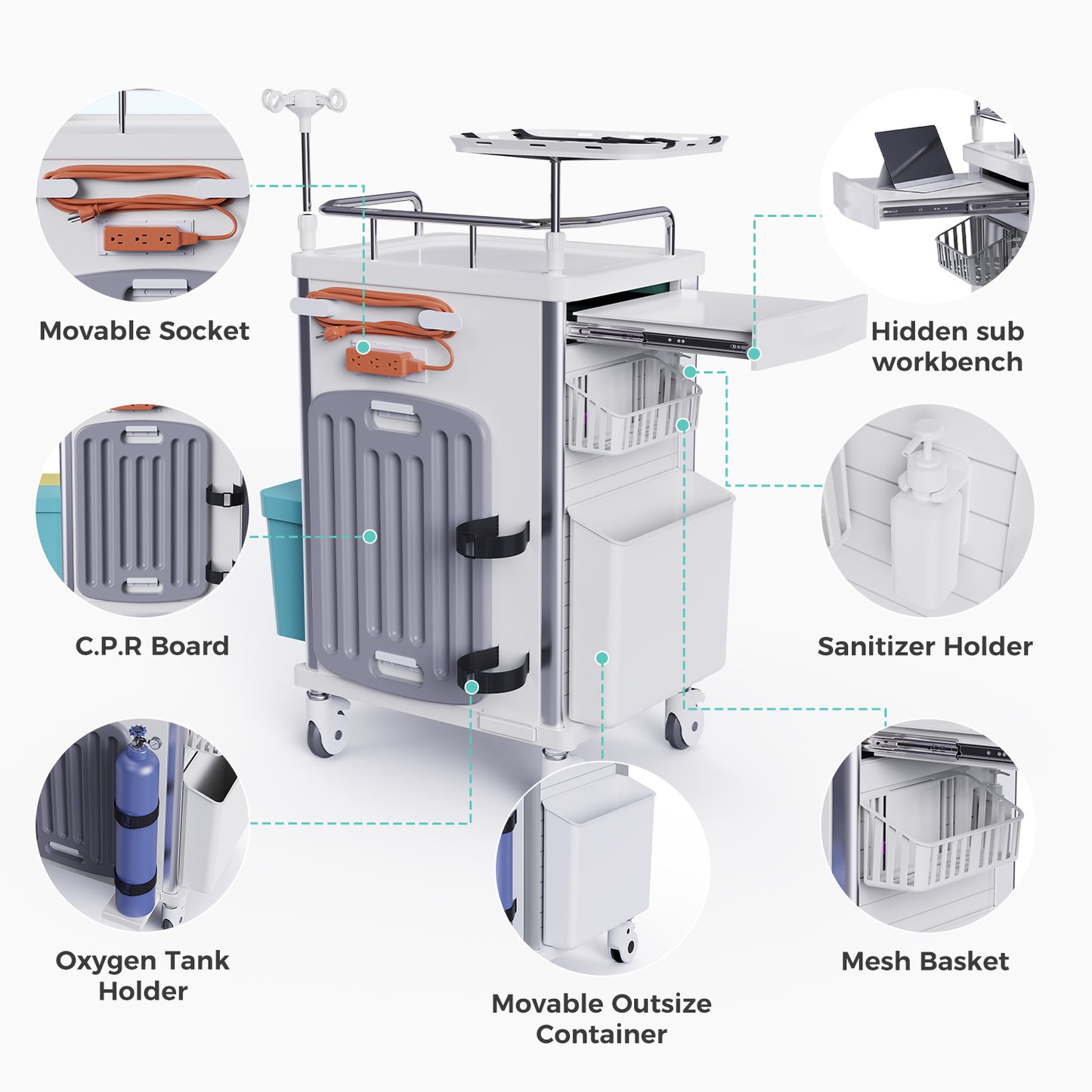 Rolling Crash Cart Medical with Drawers - Adjustable IV Pole, Silent Casters, Needle Disposal Holder, Trash Bin, O2 Holder, Utility Trolley Cart for Clinic, Hospital, Salon, Lab