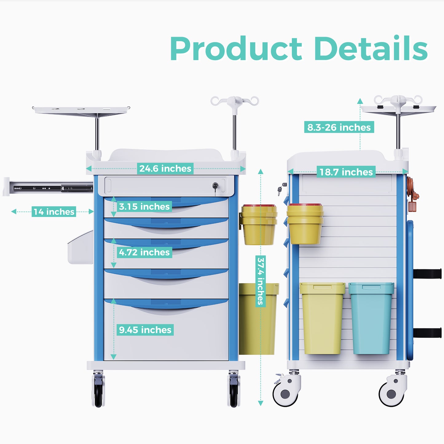 OLERN Rolling Medical Storage Crash Cart with Drawers - Adjustable IV Pole, Silent Casters, Needle Disposal Holder, Trash Bin, O2 Holder - Nursing Trolley Cart for Clinic, Hospital and Home Use