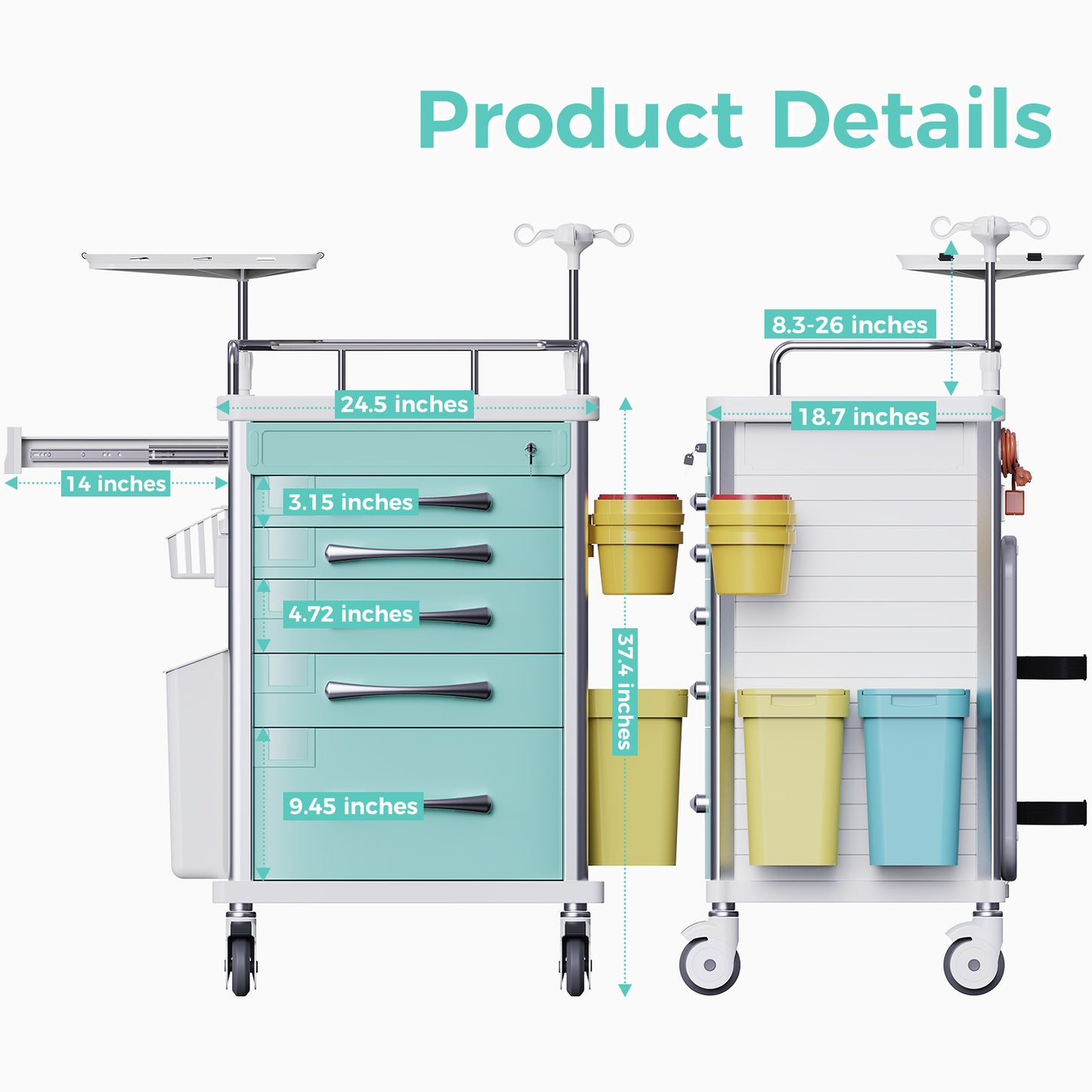 Rolling Crash Cart Medical with Drawers - Adjustable IV Pole, Silent Casters, Needle Disposal Holder, Trash Bin, O2 Holder, Utility Trolley Cart for Clinic, Hospital, Salon, Lab