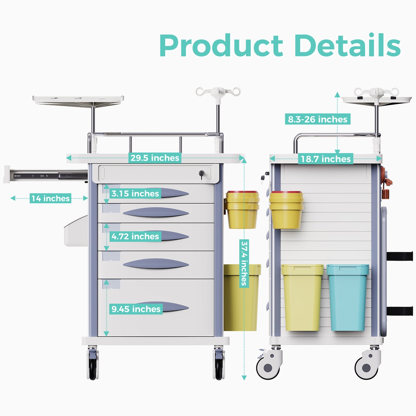 OLERN Medical Rolling Crash Cart with Accessories-CPR Board, IV Pole, O2 Holder, Trash Bin, Drawers with Dividers, Mobile Medical Cart for Clinic, Hospital, Nursing Center, Salon, 29.5”Wx18.7”Dx37.4”H