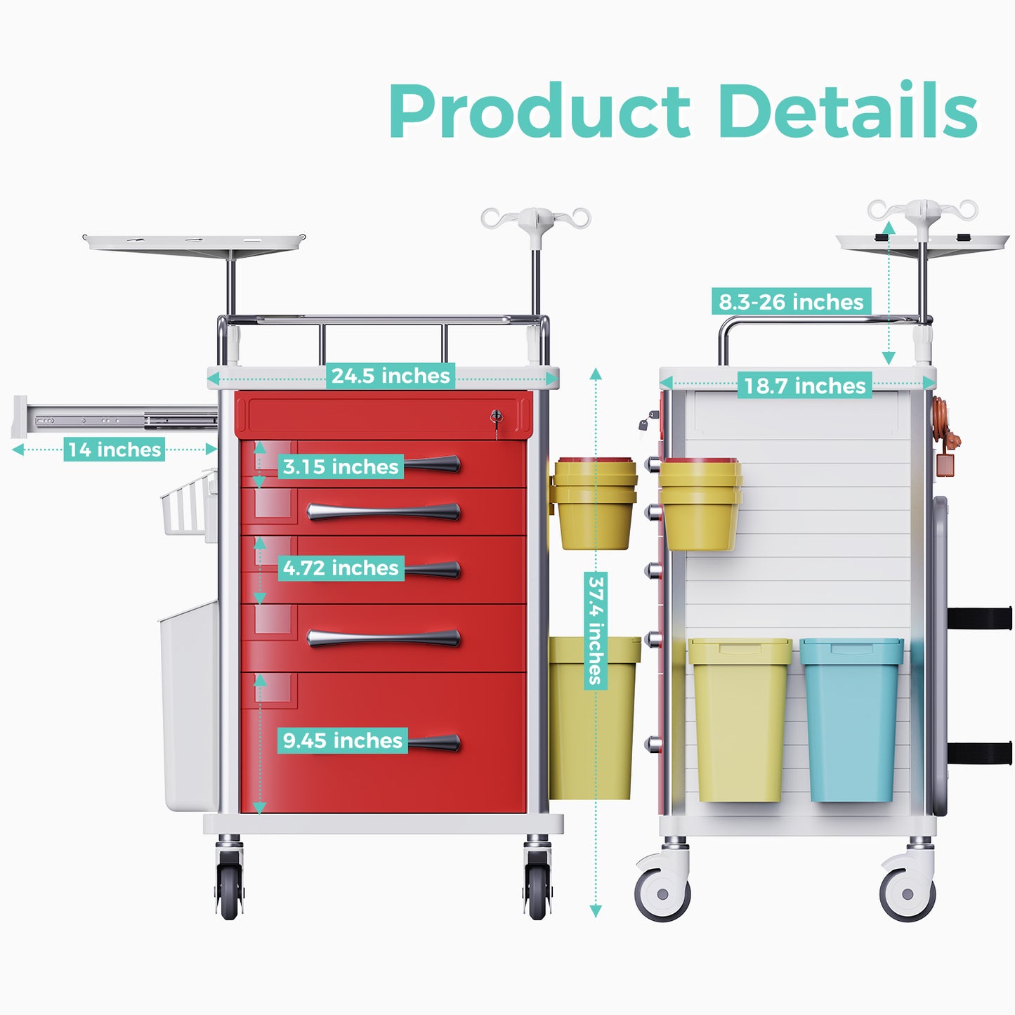 Medical Emergency Rolling Crash Cart with Drawers - Adjustable IV Pole, Silent Casters, Needle Disposal Holder, Trash Bin, O2 Holder, Nursing Trolley Cart for Clinic, Hospital, Salon