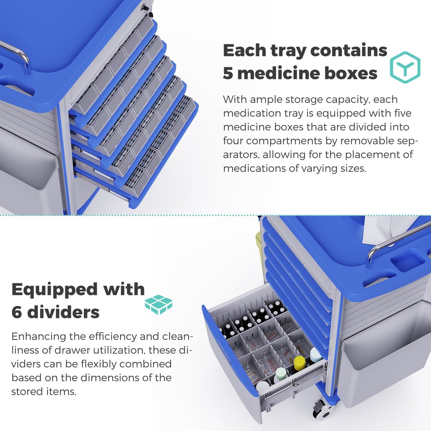 Medication Bins Cart with 200 Bins and Drawer - Dual-Sided Open, 50 Medicine Boxes, Silent Casters, Movable Container, 2 Trash Bin-Medical Crash Cart for Clinic, Hospital and Lab, Factory