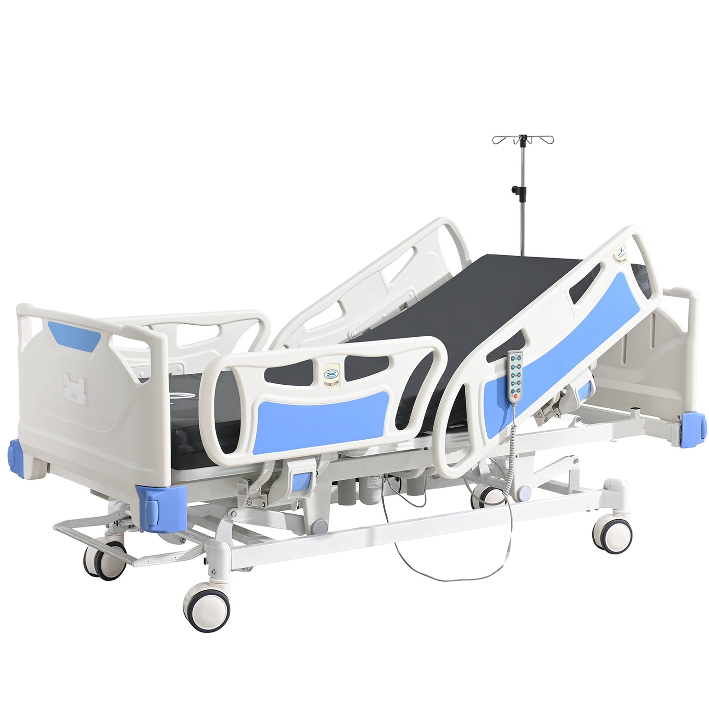 Premium 5 Function Full Electric ICU Hospital Bed with 4.7" Mattress for Home Use-17.7" - 29.5" Height Range-CPR One-Click Recovery-5" Casters, 530LBS Loading, Adjustable Medical Bed Frame