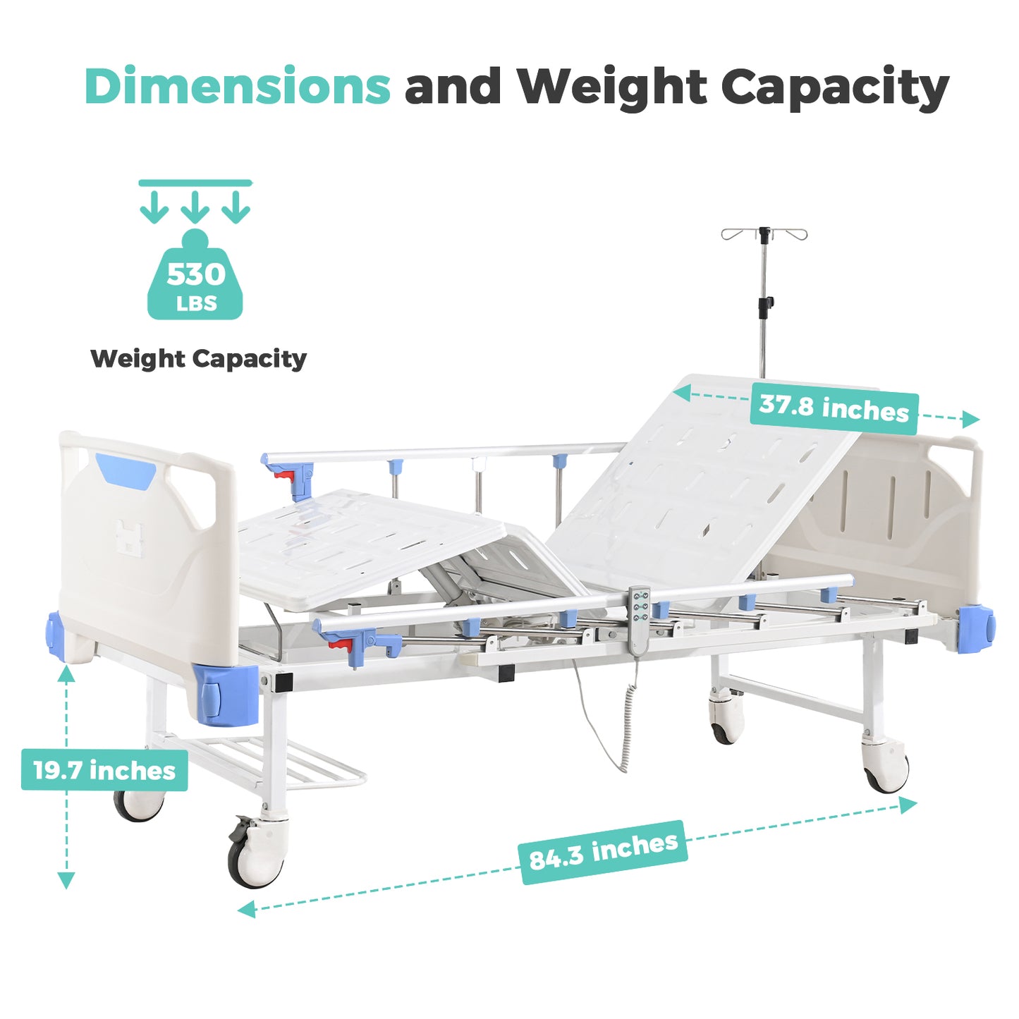 Full Electric Hospital Bed with Memory Mattress for Home Use-Back&Leg Adjustable-IV Pole Included-5" Casters, 530LBS Loading, Adjustable Medical Bed Frame