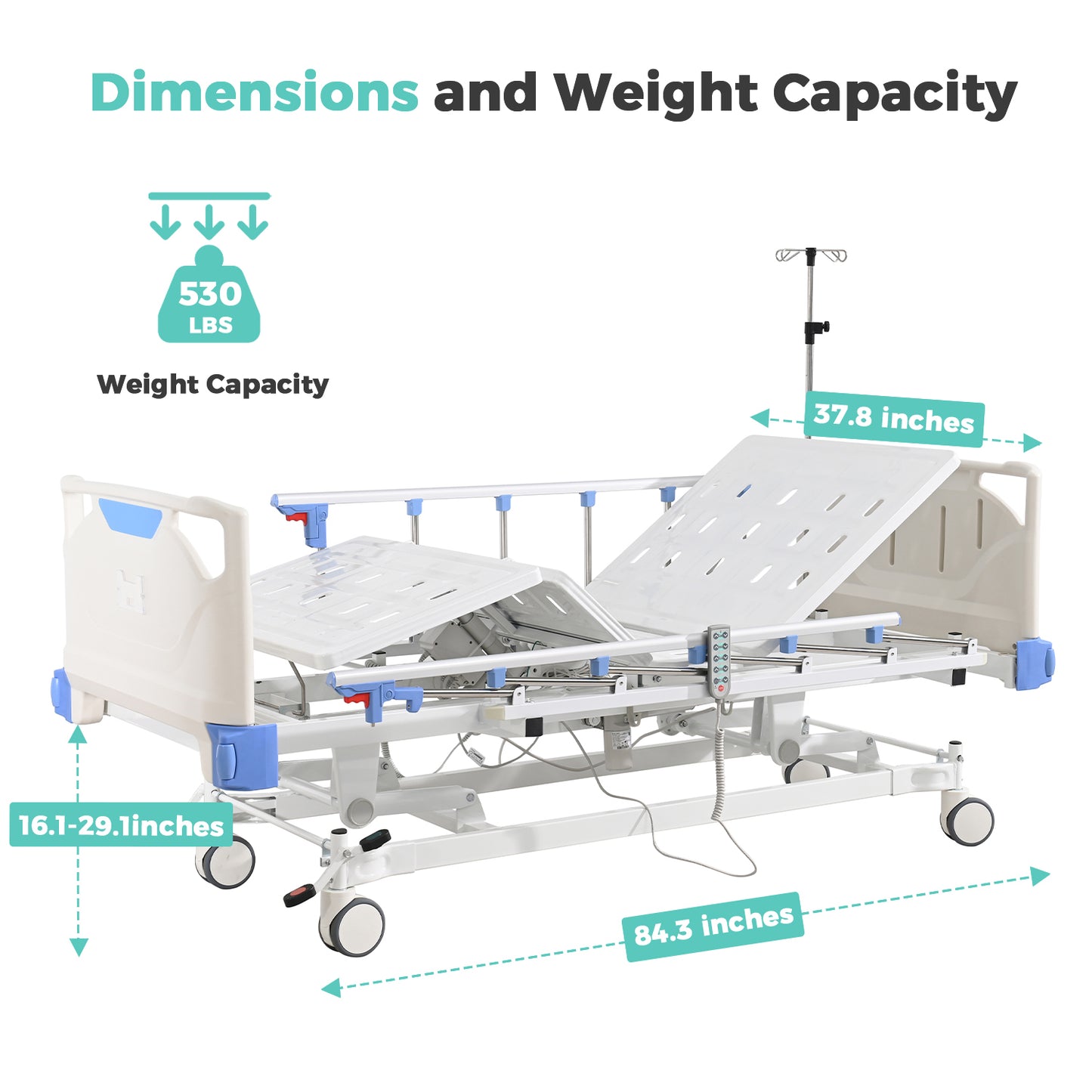 Premium 3 Function Full Electric Hospital Bed with 4.7" Memory Mattress for Home Use-16.1"-29.1" Height Range, Central Control System-5" Casters, 530LBS Loading, Adjustable Medical Bed Frame