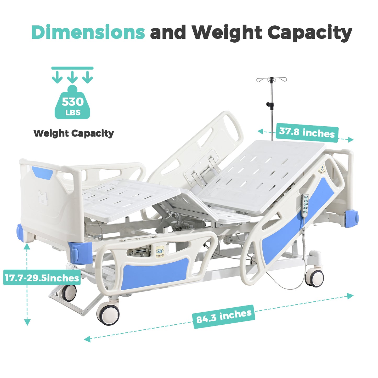 Premium 5 Function Full Electric ICU Hospital Bed with 4.7" Mattress for Home Use-17.7" - 29.5" Height Range-CPR One-Click Recovery-5" Casters, 530LBS Loading, Adjustable Medical Bed Frame