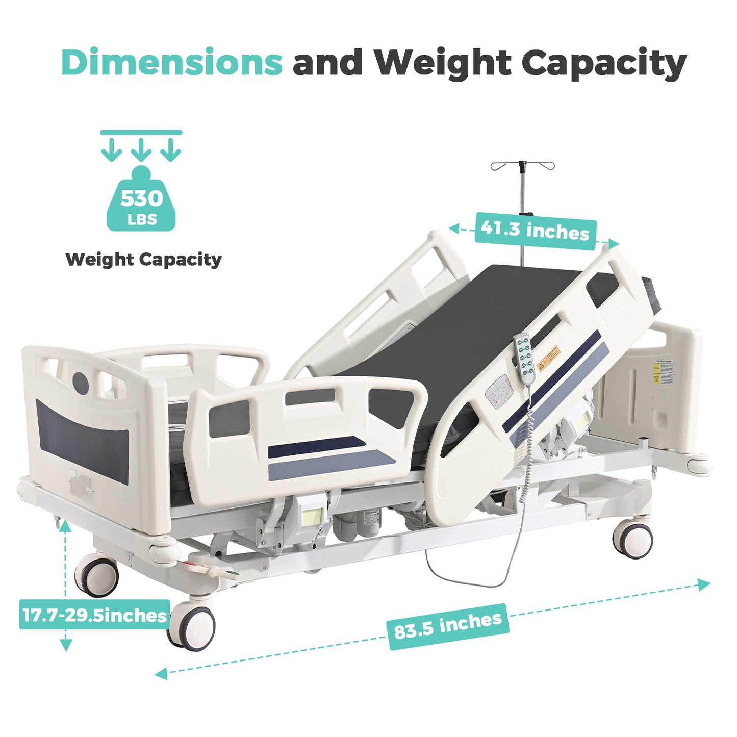 Premium 5 Function Full Electric ICU Hospital Bed with 4.7" Mattress for Home Use-17.7" - 29.5" Height Range-CPR One-Click Recovery-5" Casters, 530LBS Loading, Adjustable Medical Bed Frame-Navy