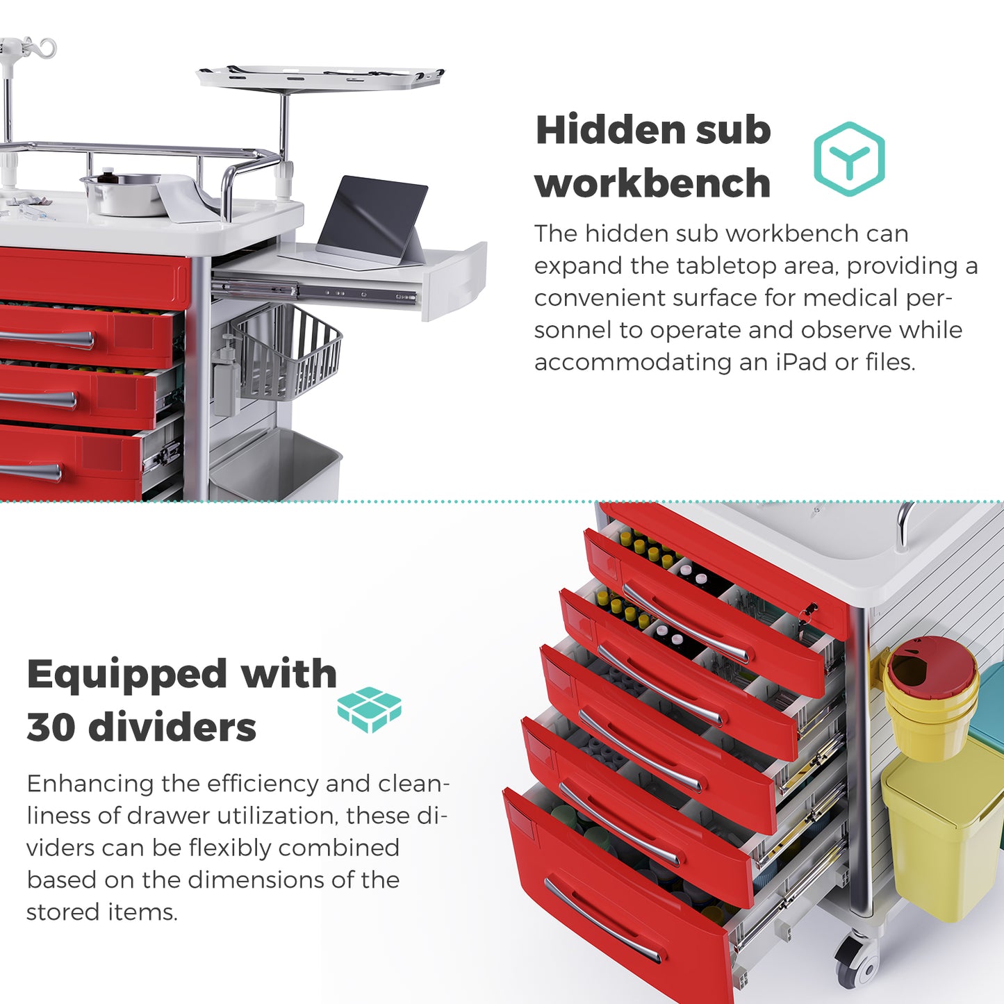 Medical Emergency Rolling Crash Cart with Drawers - Adjustable IV Pole, Silent Casters, Needle Disposal Holder, Trash Bin, O2 Holder, Nursing Trolley Cart for Clinic, Hospital, Salon
