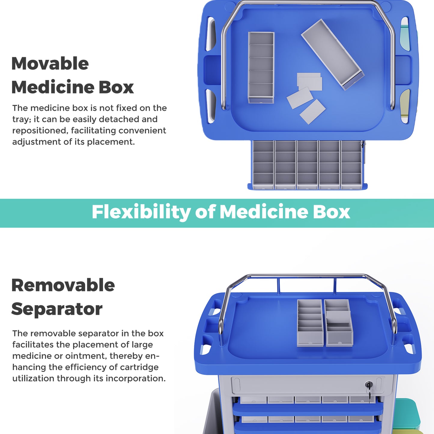 Medication Bins Cart with 200 Bins and Drawer - Dual-Sided Open, 50 Medicine Boxes, Silent Casters, Movable Container, 2 Trash Bin-Medical Crash Cart for Clinic, Hospital and Lab, Factory