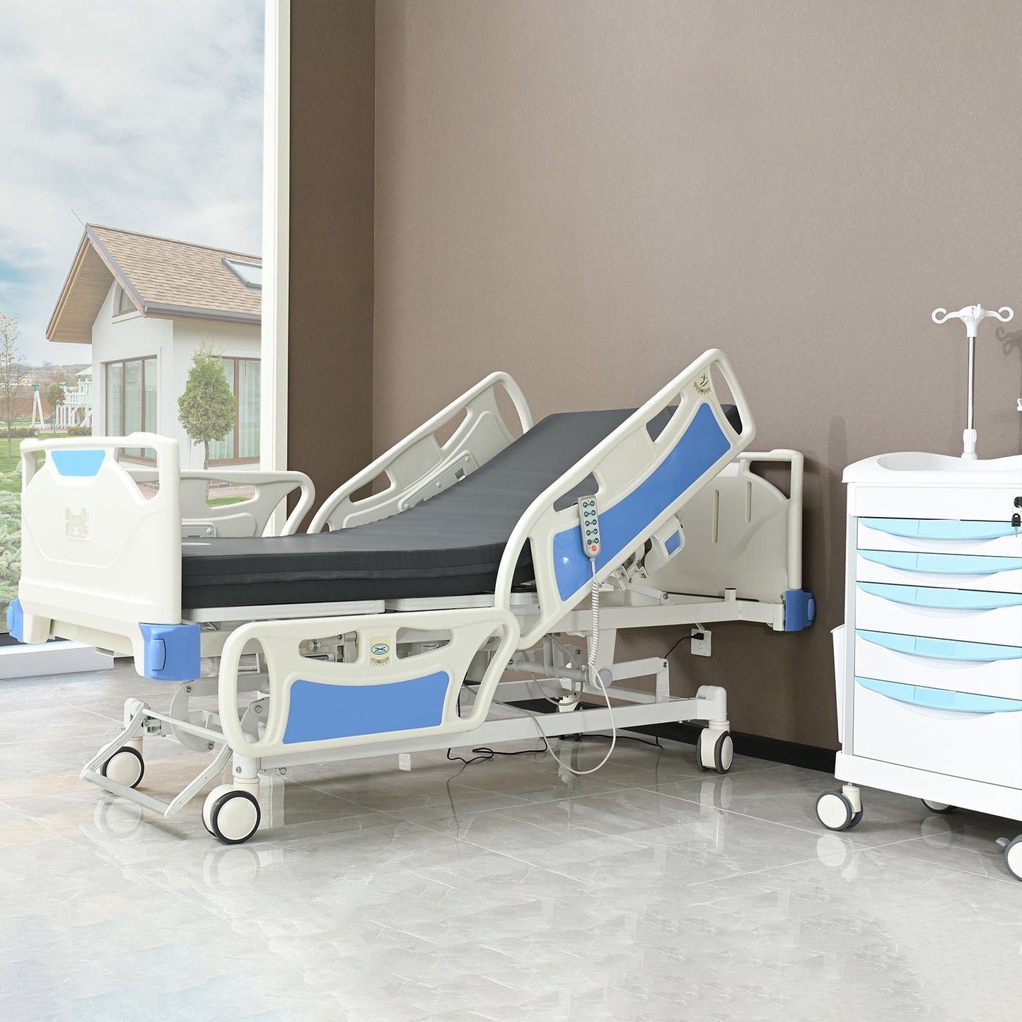Premium 5 Function Full Electric ICU Hospital Bed with 4.7" Mattress for Home Use-17.7" - 29.5" Height Range-CPR One-Click Recovery-5" Casters, 530LBS Loading, Adjustable Medical Bed Frame