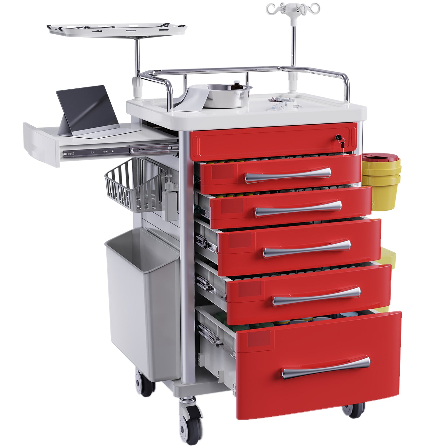Medical Emergency Rolling Crash Cart with Drawers - Adjustable IV Pole, Silent Casters, Needle Disposal Holder, Trash Bin, O2 Holder, Nursing Trolley Cart for Clinic, Hospital, Salon