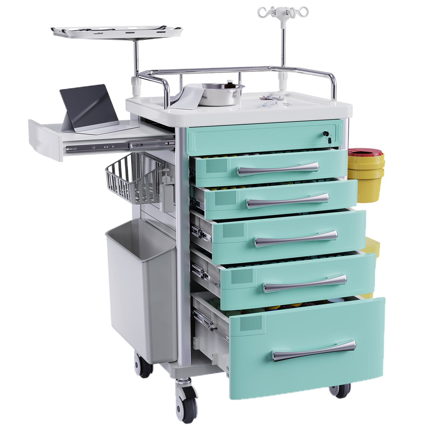 Rolling Crash Cart Medical with Drawers - Adjustable IV Pole, Silent Casters, Needle Disposal Holder, Trash Bin, O2 Holder, Utility Trolley Cart for Clinic, Hospital, Salon, Lab