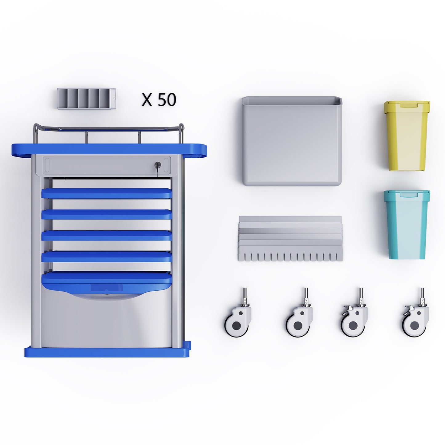 Medication Bins Cart with 200 Bins and Drawer - Dual-Sided Open, 50 Medicine Boxes, Silent Casters, Movable Container, 2 Trash Bin-Medical Crash Cart for Clinic, Hospital and Lab, Factory