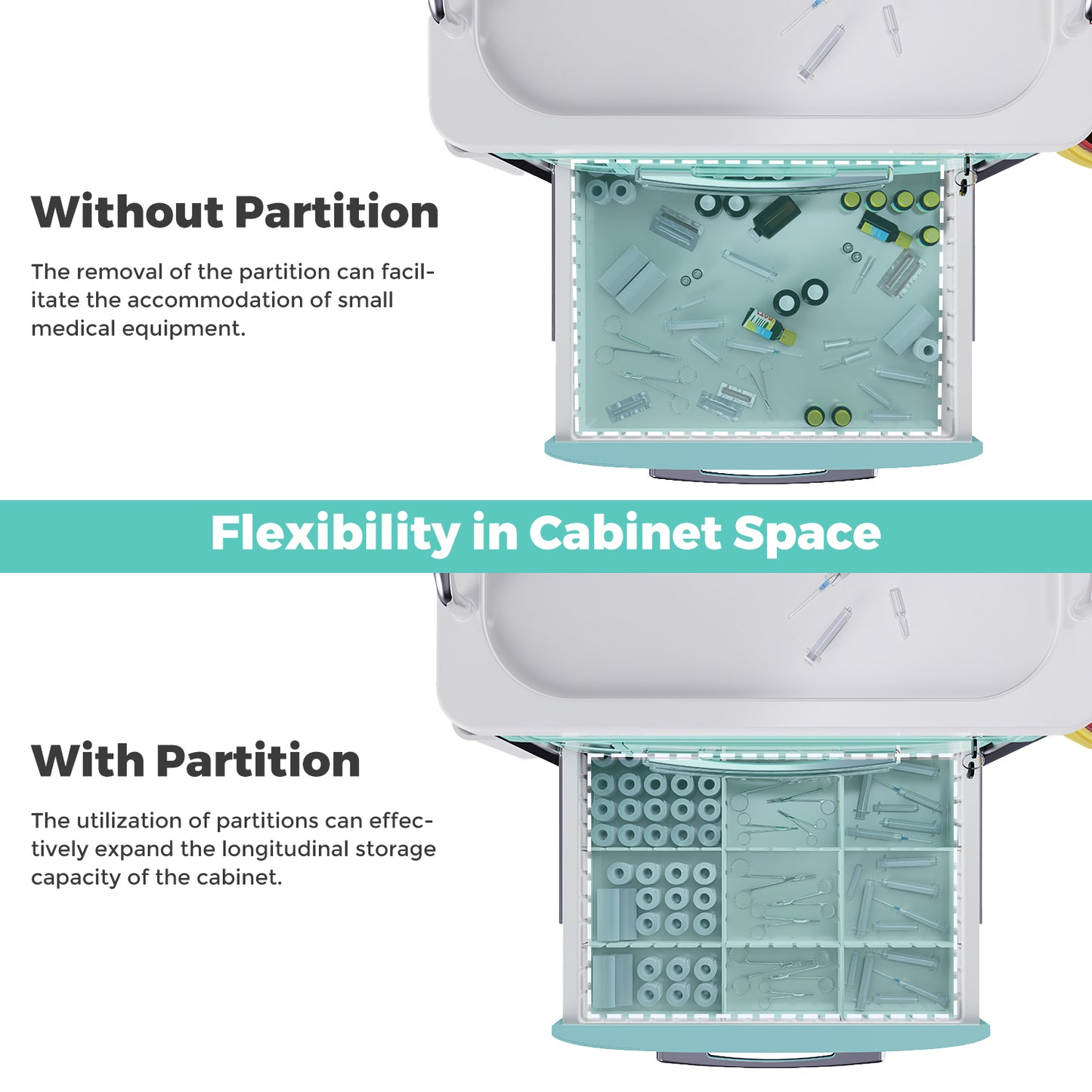 Rolling Crash Cart Medical with Drawers - Adjustable IV Pole, Silent Casters, Needle Disposal Holder, Trash Bin, O2 Holder, Utility Trolley Cart for Clinic, Hospital, Salon, Lab