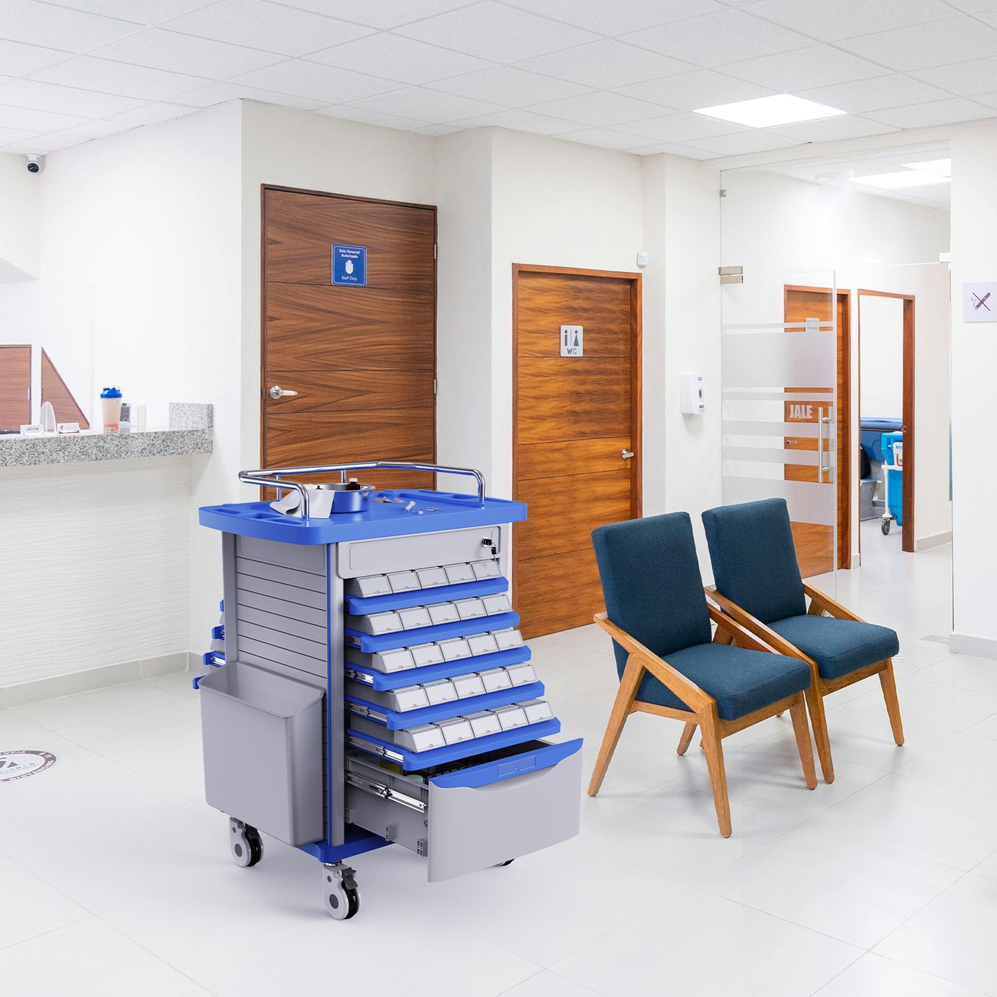 Medication Bins Cart with 200 Bins and Drawer - Dual-Sided Open, 50 Medicine Boxes, Silent Casters, Movable Container, 2 Trash Bin-Medical Crash Cart for Clinic, Hospital and Lab, Factory