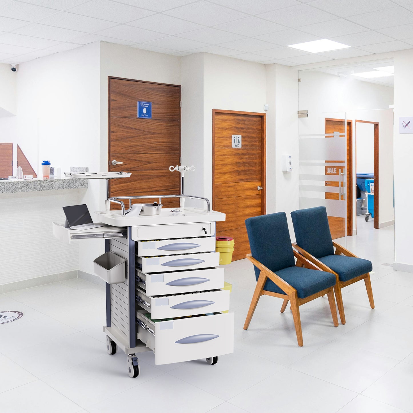 OLERN Medical Rolling Crash Cart with Accessories-CPR Board, IV Pole, O2 Holder, Trash Bin, Drawers with Dividers, Mobile Medical Cart for Clinic, Hospital, Nursing Center, Salon, 29.5”Wx18.7”Dx37.4”H