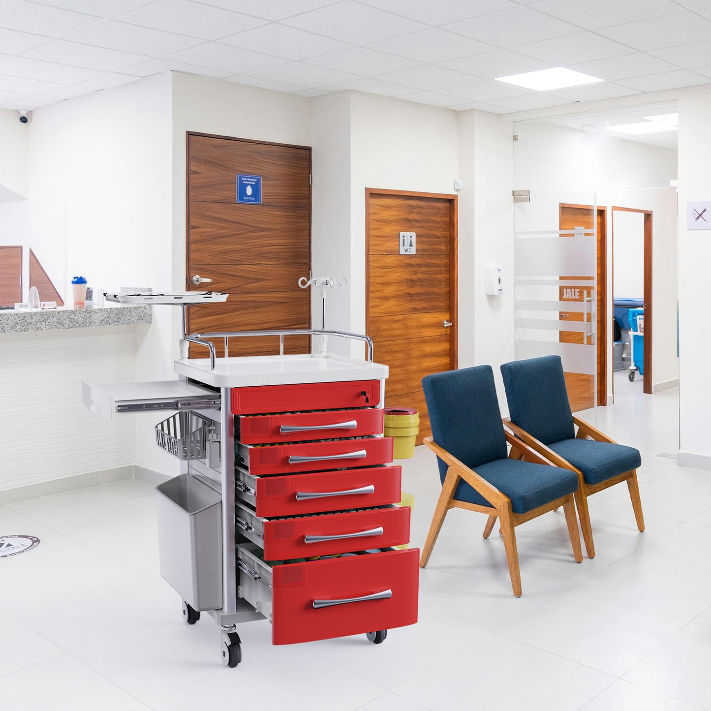 Medical Emergency Rolling Crash Cart with Drawers - Adjustable IV Pole, Silent Casters, Needle Disposal Holder, Trash Bin, O2 Holder, Nursing Trolley Cart for Clinic, Hospital, Salon