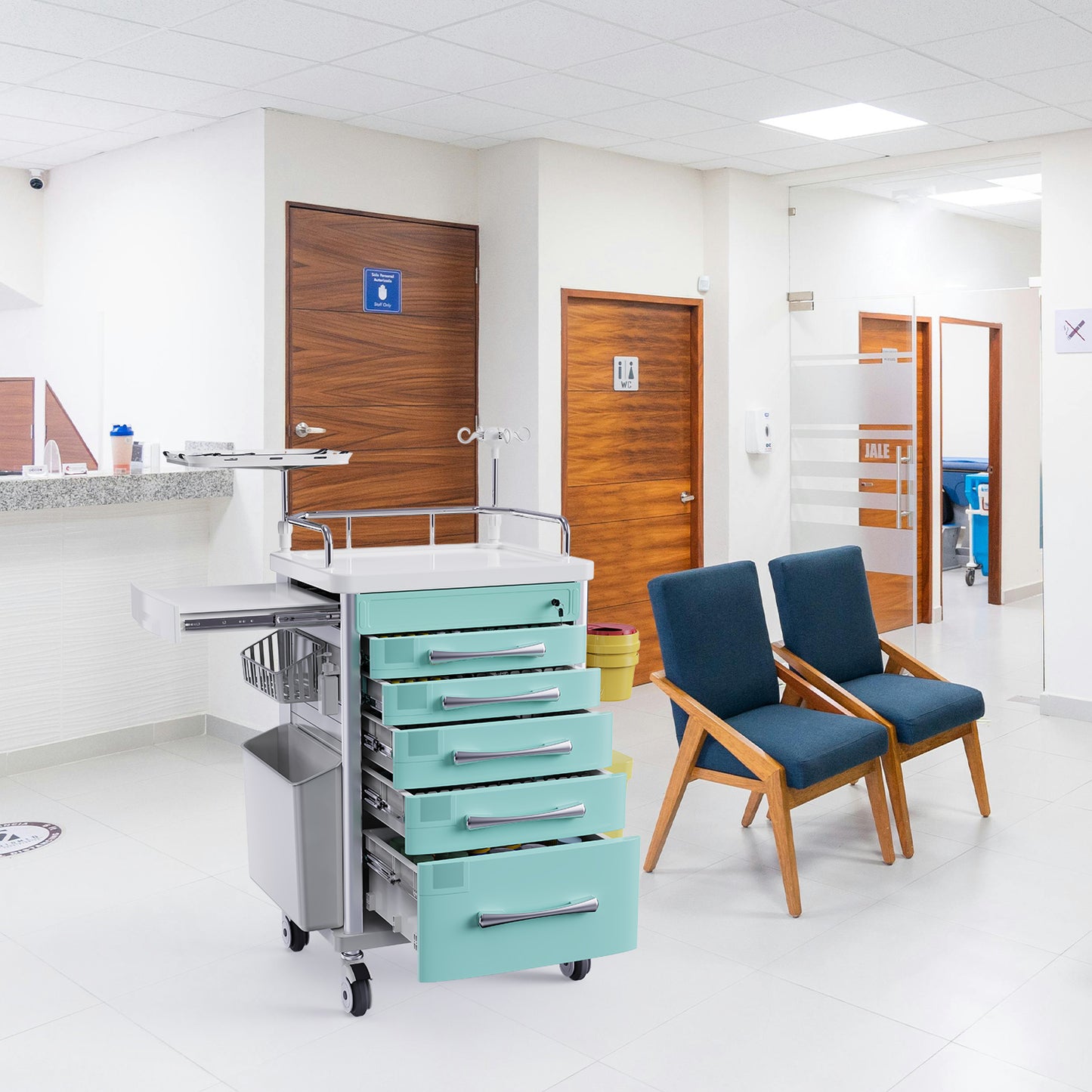 Rolling Crash Cart Medical with Drawers - Adjustable IV Pole, Silent Casters, Needle Disposal Holder, Trash Bin, O2 Holder, Utility Trolley Cart for Clinic, Hospital, Salon, Lab