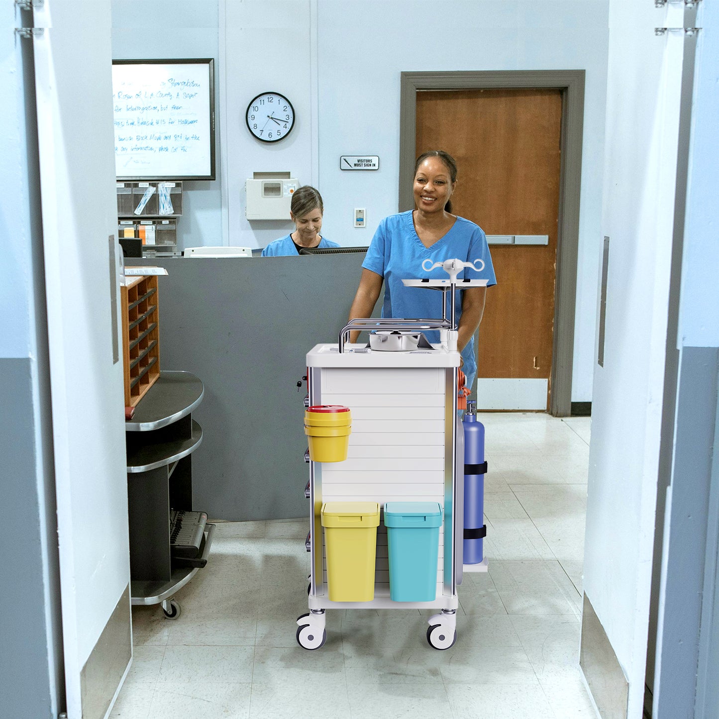 Medical Emergency Rolling Crash Cart with Drawers - Adjustable IV Pole, Silent Casters, Needle Disposal Holder, Trash Bin, O2 Holder, Nursing Trolley Cart for Clinic, Hospital, Salon