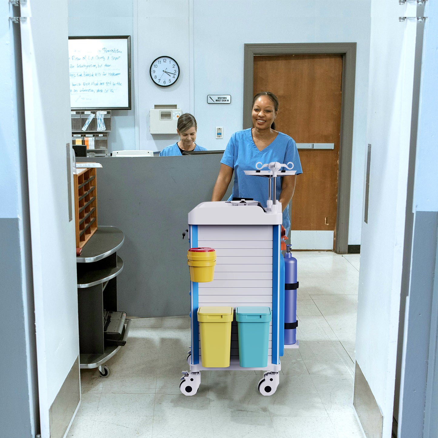 OLERN Rolling Medical Storage Crash Cart with Drawers - Adjustable IV Pole, Silent Casters, Needle Disposal Holder, Trash Bin, O2 Holder - Nursing Trolley Cart for Clinic, Hospital and Home Use