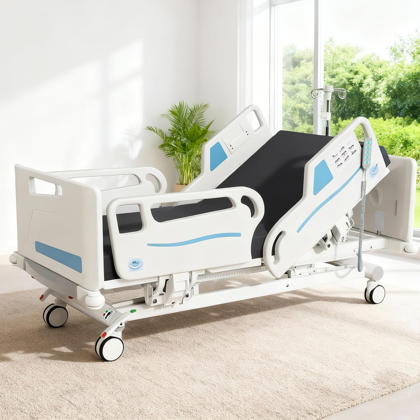 OLERN 5 Function ICU Hospital Bed with Wing-Type Side Rails & Waterproof Mattress