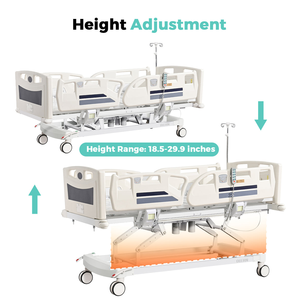 Premium 5 Function Full Electric ICU Hospital Bed with 4.7" Mattress for Home Use-17.7" - 29.5" Height Range-CPR One-Click Recovery-5" Casters, 550LBS Loading, Adjustable Medical Bed Frame-Navy