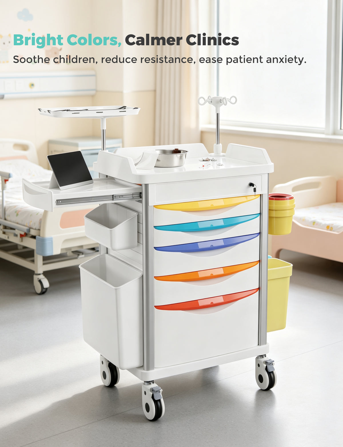 OLERN Pediatric Emergency Crash Cart with Colorful Drawers & IV Pole