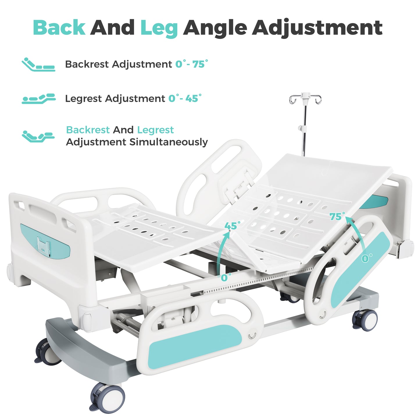 OLERN 5 Function Full Electric Hospital Bed for Home Use,Adjustable Height,4.7" Waterproof Mattress,5" Large Locking Casters,IV Pole,550lbs Loading