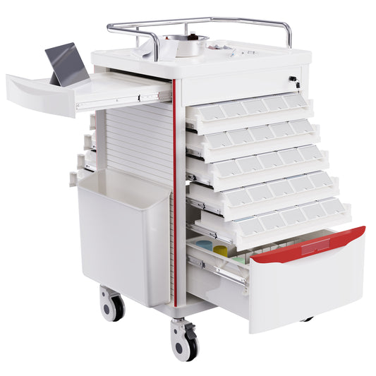 OLERN Medication Bins Cart with 200 Bins, 5 Medicine Tray and Drawer with Hidden Sub Workbench