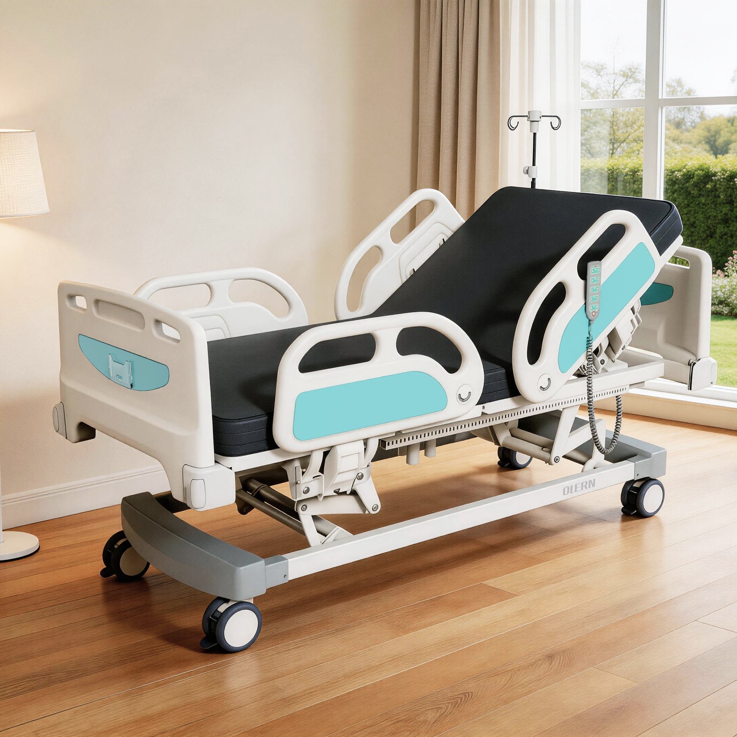 OLERN 5 Function Full Electric Hospital Bed for Home Use,Adjustable Height,4.7" Waterproof Mattress,5" Large Locking Casters,IV Pole,550lbs Loading