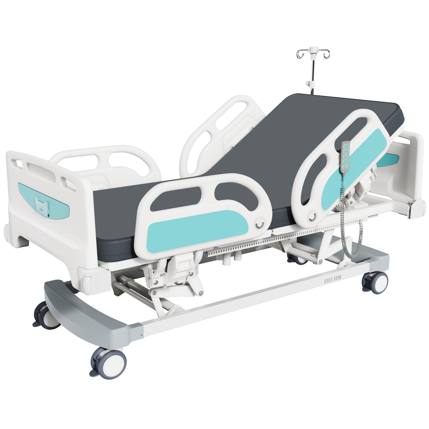 OLERN 5 Function Full Electric Hospital Bed for Home Use,Adjustable Height,4.7" Waterproof Mattress,5" Large Locking Casters,IV Pole,550lbs Loading