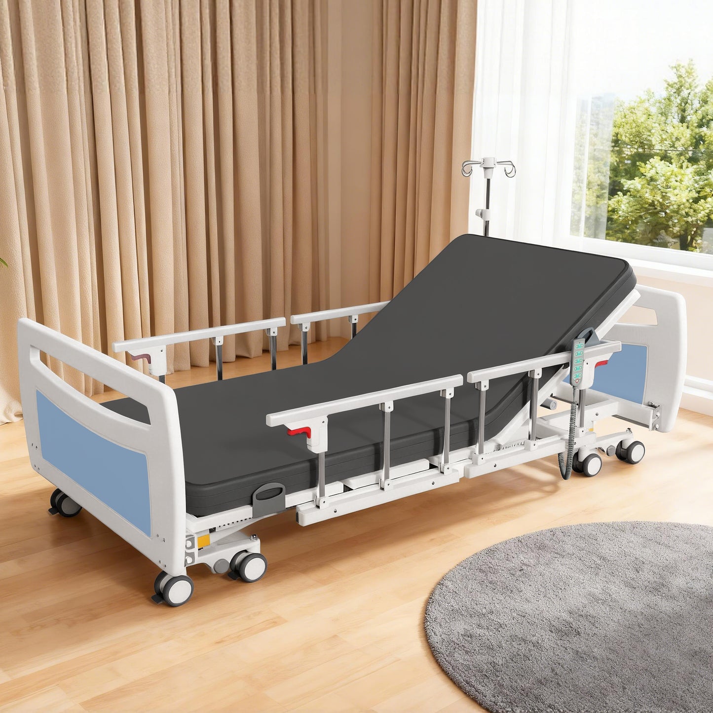 Premium Ultra Low 5 Functions Full Electric Hospital Bed,Adjustable Height ICU Medical Bed for Home Use with Advanced Germany Motor,Waterproof Mattress,Locking Casters,IV Pole,550LBS Loading