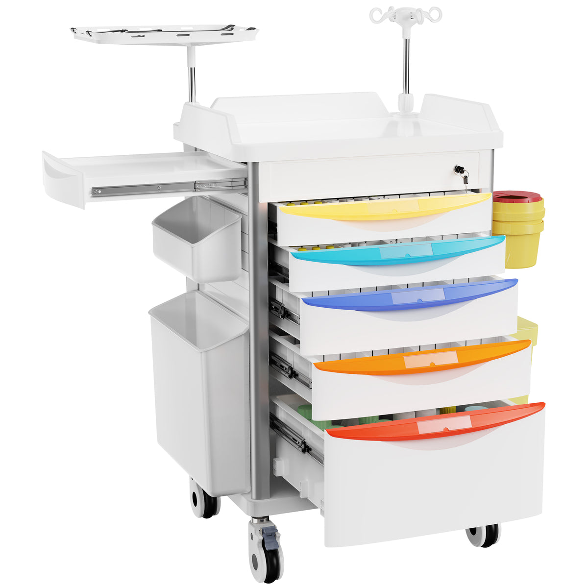 OLERN Pediatric Emergency Crash Cart with Colorful Drawers & IV Pole