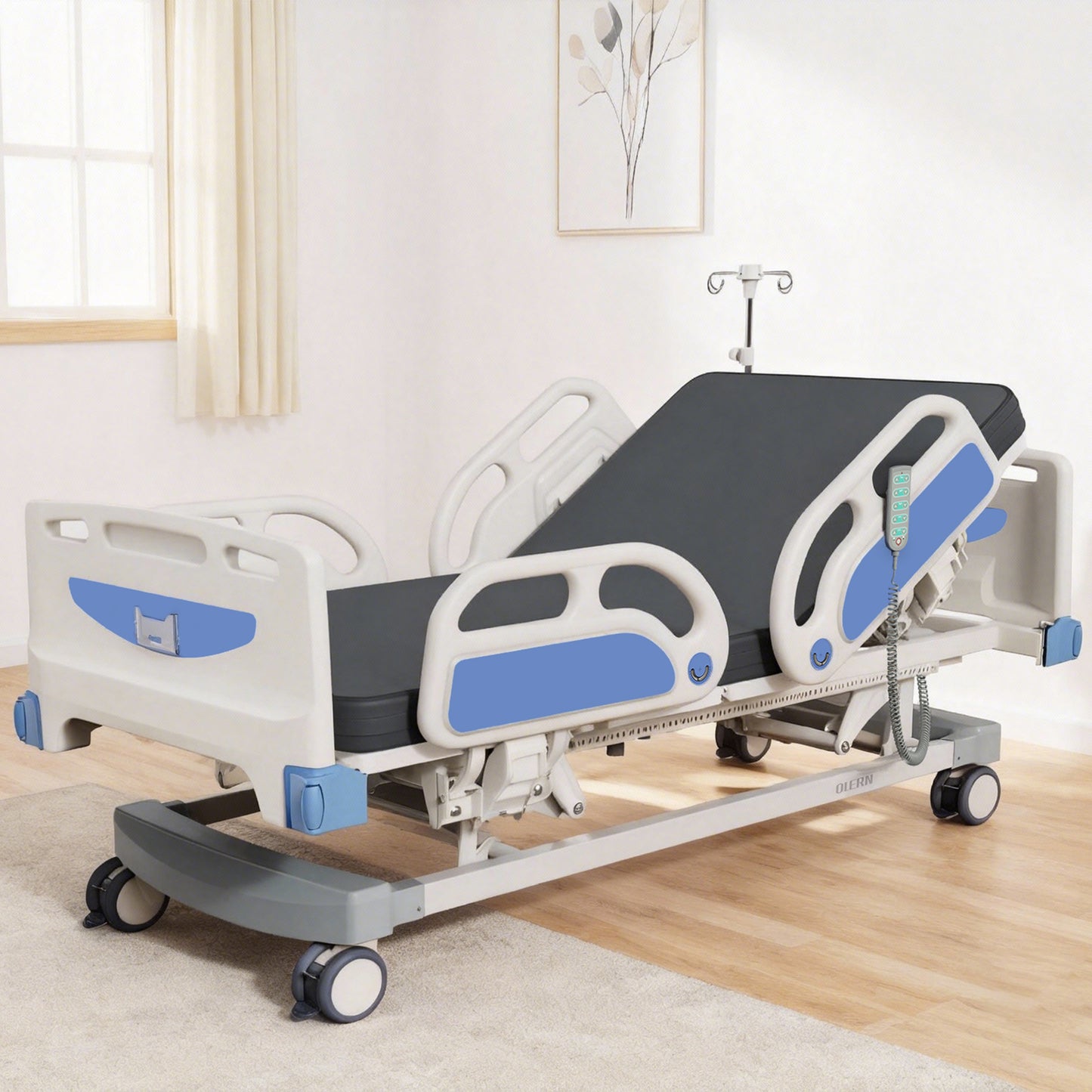 Full Electric 5 Function Hospital Bed for Home Use,Germany Motor ICU Electric Medical Bed with 4.7" Waterproof Mattress,5" Large Central Lockable Casters,Remote Control,IV Pole,550LBS Loading