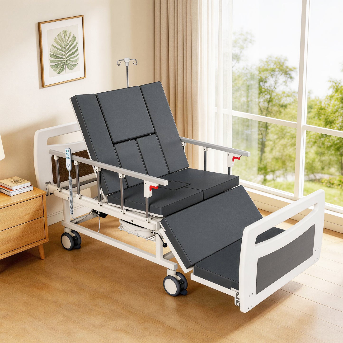 OLERN Full Electric Hospital Bed for Home Use, 5" Locking Casters, Waterproof Foam Mattress, Bedpan, Hair-Washing Device, IV Pole, 550lbs Capacity